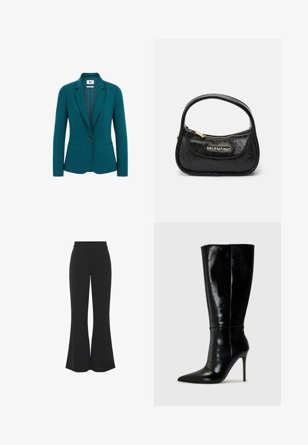 Turkusowa marynarka wykonana z gładkiego materiału, z wykładanym kołnierzem, zapięciem na jeden guzik, dwoma kieszeniami bocznymi oraz usztywnionymi ramionami.; Czarny golf z długim rękawem wykonany z gładkiego, elastycznego materiału. Dopasowany krój z wysokim kołnierzem, bez widocznych wzorów lub ozdób.; Czarne spodnie dzwony wykonane z gładkiego materiału, z dopasowaną talią, bocznymi kieszeniami oraz prostym przodem, nadającym elegancki wygląd.; Czarne skórzane wysokie buty za kolano z ostro zakończonym noskiem i wysokim obcasem w kształcie szpilki. Gładka tekstura i smukły design, z minimalnymi detalami.; Czarna skórzana torebka o teksturowym wykończeniu, zaokrąglonym kształcie i jednym uchwycie. Posiada przednią kieszeń na zamek błyskawiczny oraz złotą branding.