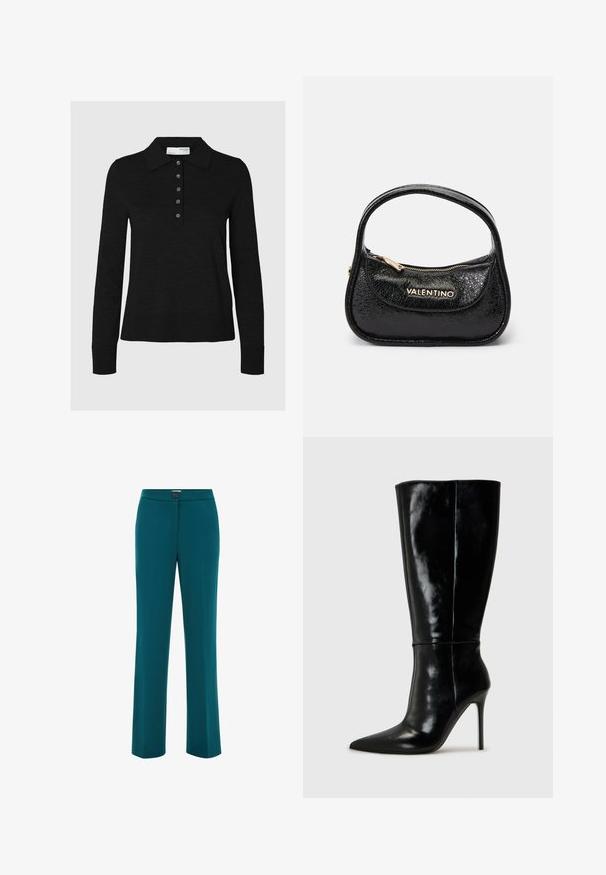 Teal blazer van een gladde stof, met een geknipt revers, enkele knoopsluiting, twee zijzakken en gestructureerde schouders.; Zwarte langemouwen polo-shirt van zacht materiaal met een kraaghals en een zes-knopenlijst. Randen zijn netjes afgewerkt.; Teal rechte broek met een gladde textuur, voorzien van een knoopsluiting bij de tailleband en een minimalistisch ontwerp.; Zwarte leren kniehoge laarzen met een spitse neus en hoge stiletto hak. Soepele textuur en strak ontwerp, met minimale detailing.; Zwarte leren handtas met een gestructureerde afwerking, ronde vorm en een enkele handgreep. Beschikt over een voorvak met rits en vergulde branding.