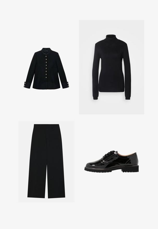 Črna jakna z mandarin ovratnikom, z zlatimi gumbi, ki je prirejena po telesu, in kontrastnimi manšetami iz teksturirane tkanine.; Črn pulover z visoko ovratnikom, narejen iz mehkega pletenega materiala, ki ima dolge rokave in prilegajoč kroj z rebrastimi robovi na ovratniku in spodnjem robu.; Široke črne hlače, narejene iz gladkega materiala. Imajo ravno elastično pasu z zanko za pas in nimajo vidnih žepov. Preprost dizajn.; Črne lakaste usnjene čevlje na vezalko s zaobljenim nosom, brogujem, gumijastim podplatom in teksturirano obdelavo. Okrašeni so z majhnimi luknjicami.