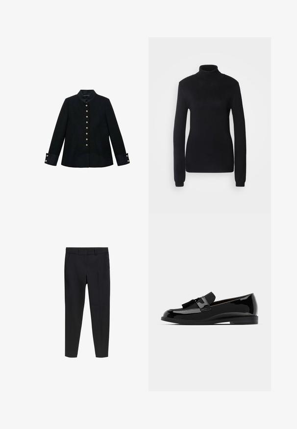 Schwarze Jacke mit Stehkragen, ausgestattet mit goldenen Knöpfen, taillierter Schnitt und kontrastierenden Ärmeln aus einem strukturierten Stoff.; Schwarzer Rollkragenpullover aus weichem Strickmaterial, mit langen Ärmeln und schmaler Silhouette sowie einem gerippten Kragen und Saum.; Schwarze, taillierte Slim-Fit-Ankle-Hosen mit Gürtelschlaufen und Fronttaschen auf einem weißen Hintergrund.; Schwarze Lackleder-Mokassins mit flachem Absatz, ausgestattet mit einem Quastenakzent und glatter Oberfläche, entworfen mit einer abgerundeten Zehe und subtiler Naht.