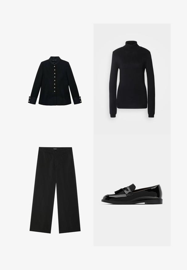Čierna bunda s mandarínkovým golierom, so zlatými gombíkmi, prispôsobeným strihom a kontrastnými manžetami z textúrovanej látky.; Čierny rolák vyrobený z jemného pleteného materiálu, s dlhými rukávmi a priliehavým strihom, s rebrovaným golierom a lemom.; Čierne široké nohavice vyrobené z hladkej tkaniny, s predným zapínaním na gombík a dvoma bočnými vreckami; čistý dizajn bez viditeľných vzorov.; Čierne lakované kožené loafery s plochým podpätkom, s akcentom na mušľu a hladkým povrchom, navrhnuté s okrúhlou špičkou a jemným prešívaním.