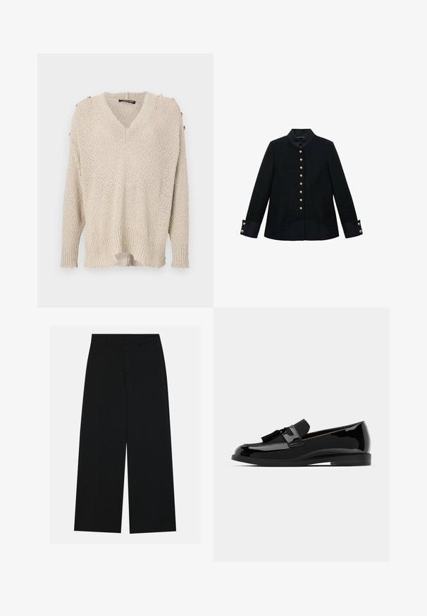 Črna jakna z mandarin ovratnikom, z zlatimi gumbi, ki je prirejena po telesu, in kontrastnimi manšetami iz teksturirane tkanine.; Bež pleteni pulover z V-izrezom, zasnovo z spuščenim ramenom in rebrastim robom. Ima zlate gumbe na ramenu in ohlapen, strukturiran material.; Široke črne hlače, narejene iz gladkega materiala. Imajo ravno elastično pasu z zanko za pas in nimajo vidnih žepov. Preprost dizajn.; Črne lakirane loafers čevlje z ravnim peto, ki imajo dodatek v obliki resic in gladko površino, oblikovane z zaobljenim nosom in subtilnim šivanjem.