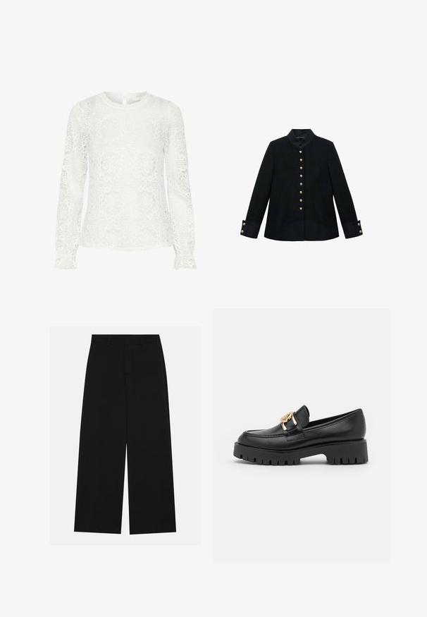 Čierna bunda s mandarínkovým golierom, so zlatými gombíkmi, prispôsobeným strihom a kontrastnými manžetami z textúrovanej látky.; Biela blúzka s dlhým rukávom z čipky, so geometrickými výrezmi, okrúhlym výstrihom a volánovými manžetami. Detail s kľúčovou dierkou na chrbte.; Pohodlné čierne nohavice s širokými nohavicami vyrobené z hladkého materiálu. Majú plochý pás s pútkami na opasok a žiadne viditeľné vrecká. Jednoduchý dizajn.; Čierne kožené mokasíny s masívnou podrážkou a zlatými akcentmi; majú zaoblenú šp AssemblyTitle a prešité detaily po obvode.