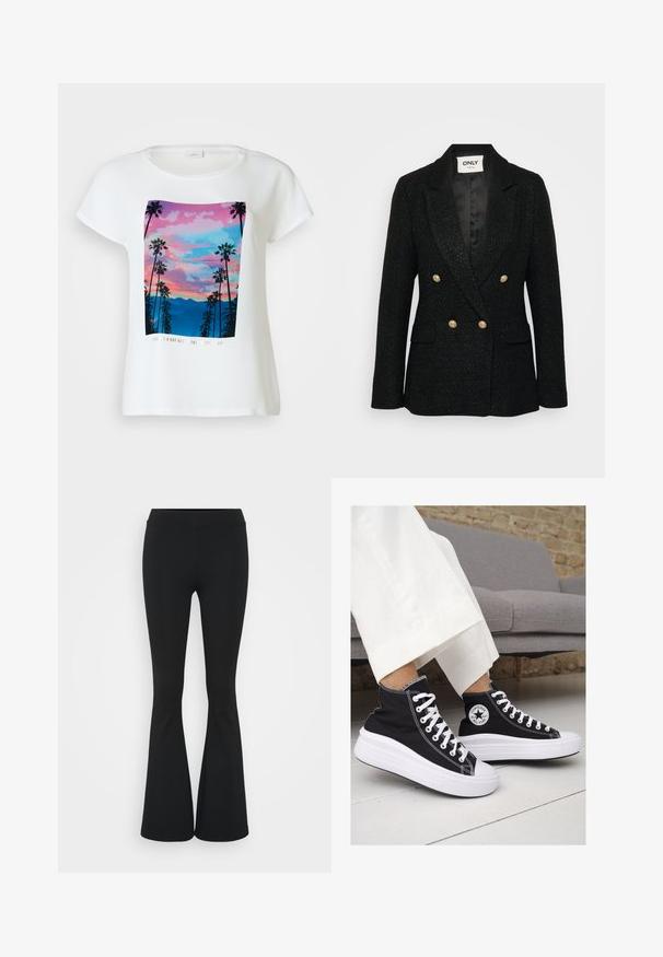 Čierny textúrovaný blejzer s dvojradovým designom, zlatými gombíkmi, klopami a dvoma bočnými vreckami. Podšívka s saténovým povrchom.; Biele tričko s krátkym rukávom s farebnou grafikou paliem na pozadí západu slnka s horami a textom v dolnej časti.; Čierne rozšírené nohavice vyrobené z elastického materiálu, s vysokým pásom a hladkou textúrou. Nohavice sa rozširujú od kolena.; Čierne plátkové tenisky s vysokým strihom a bielymi gumovými podrážkami a šnúrkami. Majú okrúhly logotyp na boku a kontrastné biele stehy.