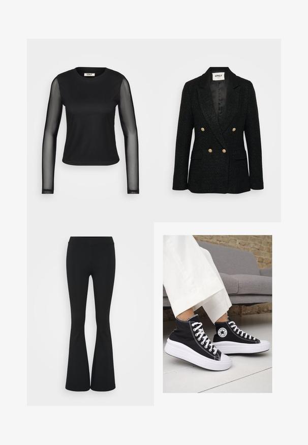 Juodas tekstūruotas švarkas su dviguba sagčių sistema, auksinėmis saga, notch lapel ir dviem šoninėmis kišenėmis. Satininiu pamušalu.; Juodas ilgomis rankovėmis viršus su tvirtu kūnu ir permatomi tinkliniai rankovės. Turi apvalią kaklo iškirptę ir prigludusią siluetą. Audinys atrodo lygus ir elastingas.; Juodai platėjantys kelnių, pagamintų iš tamprių medžiagų, kurie turi aukštą juosmenį ir lygią tekstūrą. Kelnės platėja nuo kelio.; Juodi kanvasiniai aukšti sportbačiai su baltais guminiais padu ir raišteliais. Šonuose yra apskritas logotipas ir ryški balta siūlė.