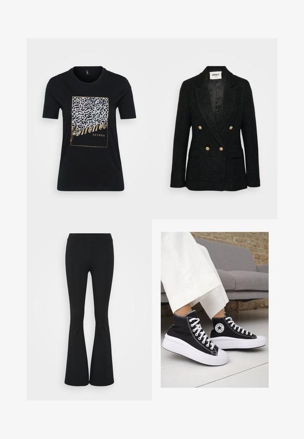 Blazer negro texturizado con un diseño de doble botonadura, botones dorados, solapas con muesca y dos bolsillos laterales. Interior forrado con acabado satinado.; Camiseta negra de algodón con un diseño de estampado de leopardo y texto dorado que dice "femmes FUTURE" dentro de un marco rectangular.; Pantalones negros de campana hechos de una tela elástica, con una cintura alta y una textura suave. Los pantalones se ensanchan desde la rodilla.; Zapatillas altas de lona negra con suelas y cordones de goma blanca. Presentan un logo circular en el lateral y costuras blancas en contraste.