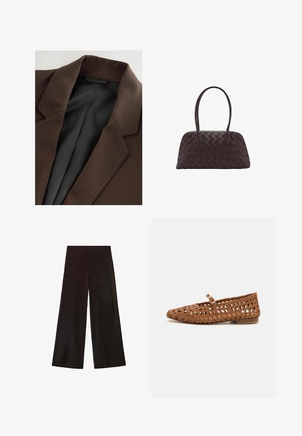 Blejer maro cu un material texturat, neted. Are un guler cu crestă și o căptușeală interioară neagră, cu dungi. Design simplu și curat.; Pulover tricotat maro cu guler înalt, mâneci raglan și textură ribilată. Croială lejeră, cu o nuanță solidă, fără modele.; Pantaloni negri cu picioare largi, realizați dintr-un material moale, având talie înaltă și o textură netedă, cu linii curate și fără închideri vizibile.; Pantofii plat împreună din fibră maro, cu vârful ascuțit și un design decupat. Prezintă o curea cu cataramă mică și un toc din lemn de înălțime mică.; Geantă din piele maro țesută, cu formă rotunjită, mânere superioare duble și textură netedă; include cusături subtile pentru detalii de design.