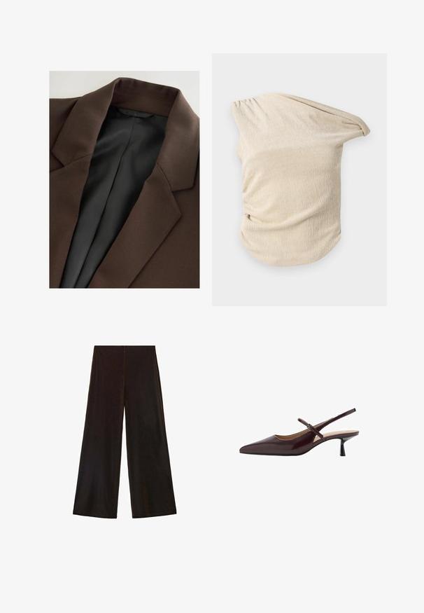 Smeđi blejzer od glatkog, teksturiranog materijala. Ima izrezani ovratnik i crnu, prugastu podstavu. Jednostavan, uredan dizajn.; Svijetlosmeđa majica od teksturirane tkanine, s drapiranim dizajnom i naborima s jedne strane te širokim, asimetričnim izrezom.; Crne široke hlače napravljene od mekog materijala, s visokim strukom i glatkom teksturom, s čistim linijama i bez vidljivih kopčanja.; Burgundska kožna cipele s remenom oko pete, sa šiljastim vrhom, uskim remenom oko gležnja i dizajnom s malim potpeticama. Glatka tekstura s sjajnim završetkom.