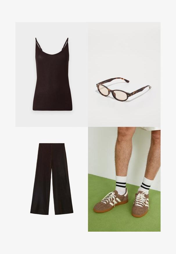 Brun blazer med et glat, struktureret stof. Den har en spidse krave og en sort, stribet inderside. Simpelt, rent design.; Sort tanktop med tynde stropper, ribbet overflade og scoop-udskæring. Materialet fremstår blødt og tætsiddende, med minimale sømme og uden mønstre.; Sorte brede bukser lavet af blødt stof, med høj talje og en glat tekstur, der har rene linjer og ingen synlige lukninger.; Brune ruskind sneakers med hvide detaljer og snørebånd. Gummisål i naturgummi. Båret med hvide sokker med sorte striber. Grøn struktureret gulv.; Skildpaddevmønster solbriller med rund form og lys linse. Har solide arme med små guld accenter, lavet af plastmateriale.