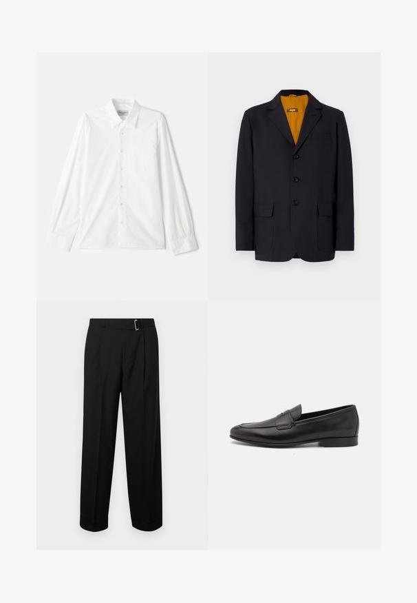 Merimiespuku, jossa on viistetyt läpät, neljä nappia, kaksi etutaskua ja kirkkaan keltainen vuori. Sileä kankaan pinta.; Valkoinen pitkähihainen nappikauluspaita, jossa on klassinen kaulus ja nappikiinnitys, valmistettu teksturoidusta puuvillasta, jossa on brodeeratut yksityiskohdat hihoissa.; Mustat kuvioidut housut suoran lahkeen kanssa, joissa on vyölenkki ja metallisolki. Valmistettu sileästä kankaasta, jossa on räätälöity viimeistely.; Musta nahkainen miesten loaferi, jossa on matala korko ja klassinen penny-nauha, esitelty sivuprofiilissa valkoista taustaa vasten.