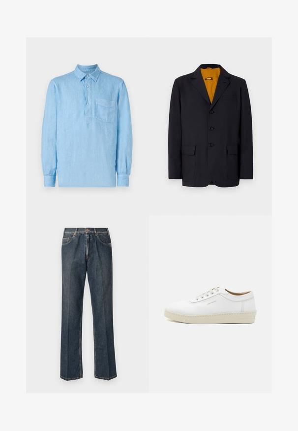 Jūras flotes bleizeris ar izgrieztu atloku, četriem pogām, divām priekšējām kabatām un spožu dzeltenu iekšējo oderi. Gluda auduma tekstūra.; Gaiši zils ilgs piedurkņu lina krekls ar pogu aizdari, norādīto apkakli un krūšu kabatu. Tekstūrēts audums un brīvs piegriezums.; Tumši zili taisni džinsi ar priekšējo pogu, rāvējslēdzēju, dubultajām priekšējām kabatām un redzamām vertikālām krokām pa kājām.; Baltas ādas sporta apavu pāris ar teksturētu virsmu, apaļu purngalu, bēša gumijas zoli un sešām pelēkām šņorēšanas acīm, ar diskrētām zīmola atzīmēm sānos.