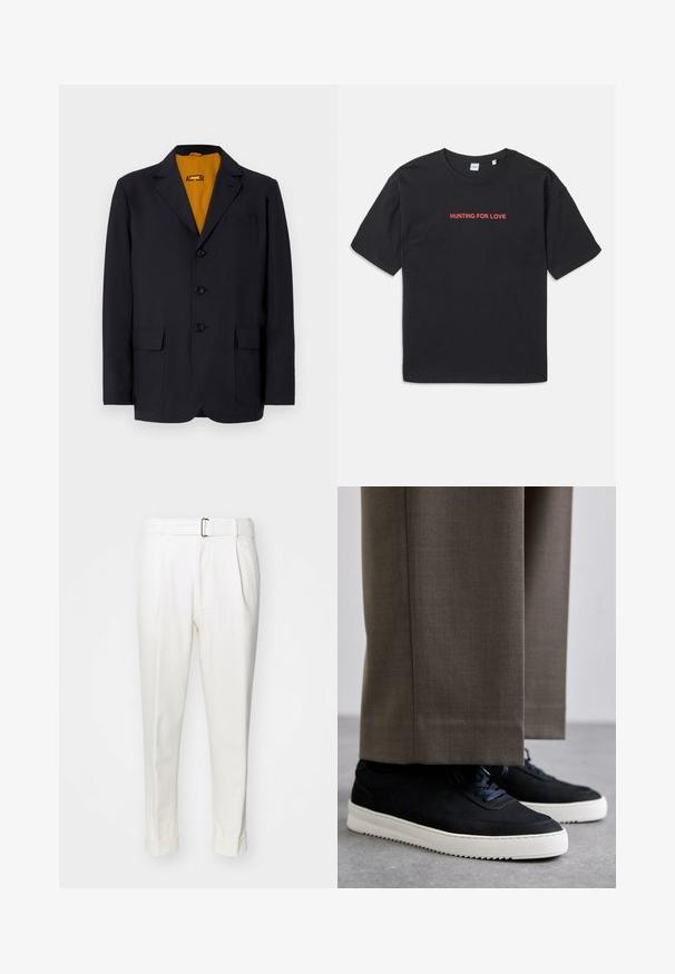 Marineblazer mit Reverskragen, vier Knöpfen, zwei Fronttaschen und einem lebhaft gelben Innenfutter. Glatte Stoffstruktur.; Schwarzes Baumwoll-T-Shirt mit kurzen Ärmeln, das mit rotem Text "HUNTING FOR LOVE" bestickt ist und quer über die Brust verläuft. Schlichte und lockere Passform.; Weiße Hosen aus Baumwolle mit einem Taillengürtel, Frontfalten und geknöpften Säumen. Glatte Textur und taillierter Schnitt.; Schwarze Wildleder-Sneaker mit weißen Gummisohlen, mit einer abgerundeten Zehenpartie und Schnürsenkeln, getragen zu grauen maßgeschneiderten Hosen.