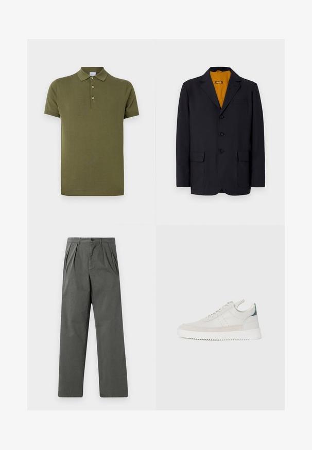 Granatowa marynarka z klapami, czterema guzikami, dwoma przednimi kieszeniami i intensywnie żółtą podszewką. Gładka tekstura materiału.; Oliwkowa koszulka polo wykonana z bawełny, z krótkim rękawem, trzema guzikami oraz ściągaczem na kołnierzyku i rękawach.; Lekkie, plisowane spodnie w ciemnoszarym kolorze z bawełny o prostym kroju nogawki. Posiadają zapięcie na guzik z przodu oraz szlufki na pasek.; Białe skórzane trampki z szarymi zamszowymi akcentami, sznurowany design, uchwyt oraz teksturowana gumowa podeszwa z wzorem w zygzak.