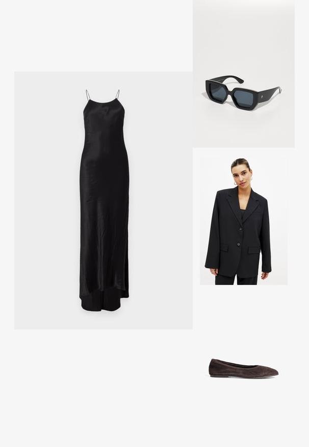 Juodas švarkas su struktūrizuotu dizainu, vieno mygtuko uždarymu, įpjovomis apykaklėmis ir dviem priekiniais kišenėmis. Lygus paviršius su pritaikytu siluetu.; Juodas satino maksi suknele su plonomis spaghetti petnešomis, prigludusia siluetu ir šoniniu įpjovimu. Lygi tekstūra su subtiliu blizgesiu.; Rudi zomšos balerinos su smailiu nosiu ir žemu profiliu. Yra lygus tekstūra ir minimalistiškas dizainas. Nėra matomų detalių ar akcentų.; Juodos didelės saulės akinių su geometriniu raštu, stačiakampiais objektyvais ir blizgiu paviršiumi. Nėra matomo prekės ženklo priekyje.; Baltos perlų kaklo vėrinys su glotnia tekstūra, su sidabriniu užsegimu, ant kurio išgraviruotas žodis "HUGO". Vienodai dydžio perlai klasikiniame dizaine.