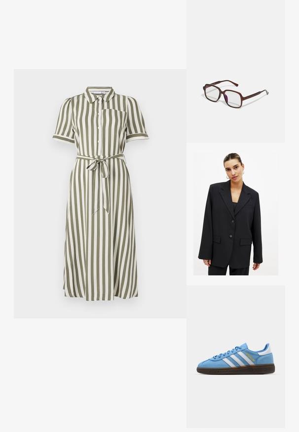 Čierny blazer so štruktúrovaným dizajnom, s jedným gombíkom, klopovými reverzmi a dvoma prednými vreckami. Hladká textúra s upraveným strihom.; Zeleno-biela pruhovaná midi šaty s krátkymi rukávmi, predným zapínaním na gombíky a viazaným pásom. Obsahuje golier a jednu náprsní kapsu.; Svetlomodré semišové tenisky s bielymi koženými pruhmi, hnedou štruktúrovanou podrážkou a zlatým logom. Nízky strih s okrúhlou špičkou.; Hnedé, obdĺžnikové dioptrické okuliare s priehľadnými šošovkami a fialovými odtieňmi. Hladký plastový rám so zásadnými nožičkami a jemnými akcentmi.