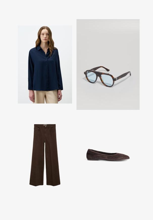 Schwarzer Blazer mit einem strukturierten Design, einknopfverschluß, Reverskragen und zwei aufgesetzten Taschen. Glatte Textur mit taillierter Passform.; Marineblaues Button-Up-Hemd mit Kragen, langen Ärmeln und einem glatten, glänzenden Stoff. Hat eine entspannte Passform und ein minimalistisches Design.; Braune weit geschnittene Jeans mit vier Taschen, Knopfverschluss und Gürtelschlaufen. Der Stoff hat eine glatte Textur und eine einheitliche Farbe ohne Muster.; Braune Wildleder-Ballerinas mit spitzem Absatz und niedrigem Profil. Verfügt über eine glatte Textur und ein minimalistisches Design. Keine sichtbaren Beschläge oder Akzente.; Schildpatt-Sonnenbrille mit blauen Gläsern. Quadratförmiges, dickes Rahmen-Design mit klaren Akzenten in der Nähe der Scharniere. Glatte Oberfläche, keine sichtbaren Logos.; ESTRO DUŻA Z WŁOSKIEJ - Handtasche - dark brown