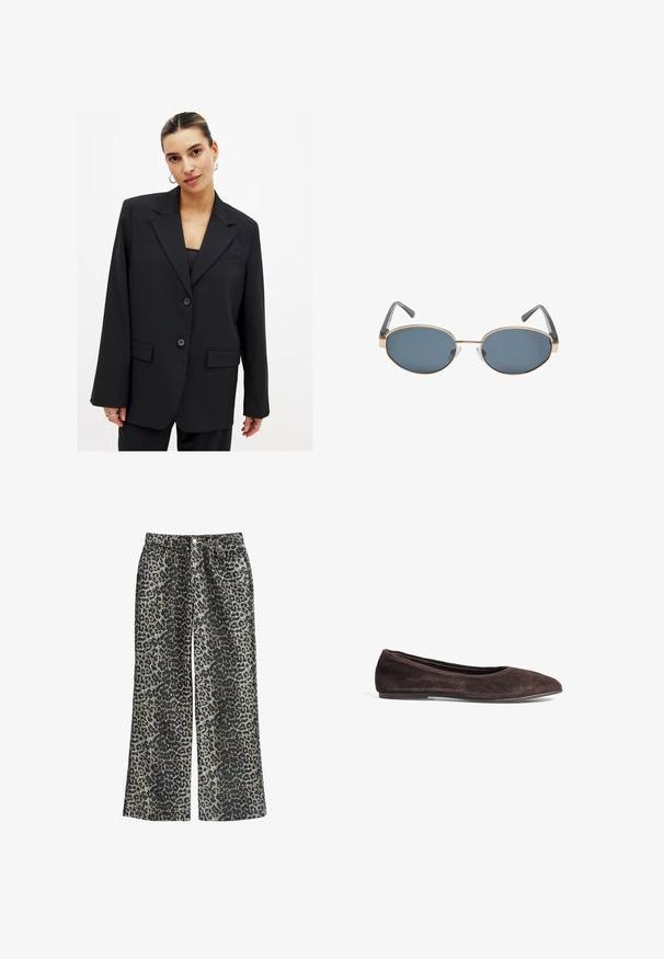 Blazer noir au design structuré, fermeture à un bouton, revers en forme de cran et deux poches avant. Texture lisse avec une coupe ajustée.; T-shirt en coton blanc avec un col rond et des manches courtes. Design simple, texture lisse, sans motifs ni accents.; Pantalons larges en imprimé léopard en tissu doux, dotés d'une taille haute, de cinq poches et d'une fermeture à bouton en métal.; Ballerines en suède marron avec un bout pointu et un profil bas. Présentent une texture lisse et un design minimaliste. Pas de matériel ou accents visibles.; Lunettes de soleil ovales avec verres foncés, monture en métal doré et branches grises. Les montures présentent un design minimal avec un accent subtil sur le pont.