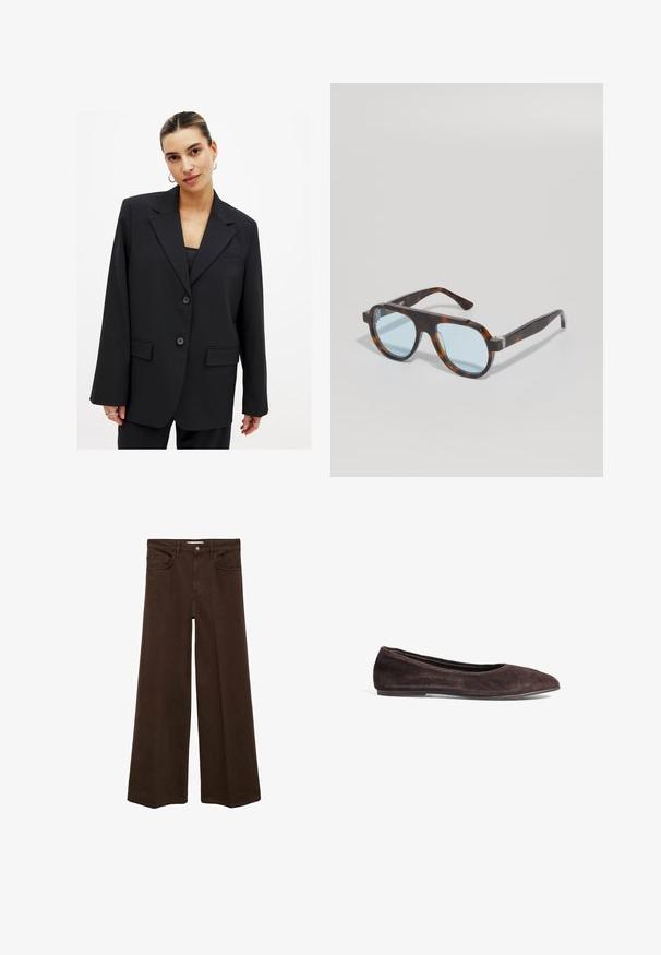 Svart kavaj med en strukturerad design, enkelknappstängning, slagkragar och två framfickor. Slät textur med en skräddarsydd passform.; Vit t-shirt i bomull med rund halsringning och korta ärmar. Enkelt mönster, slät yta, inga mönster eller accenter.; Bruna vida byxor med fyra fickor, knappstängning och bältesslingor. Tyget har en slät textur och en enfärgad yta utan mönster.; Brun mocka ballerina med spetsig tå och låg profil. Har en jämn yta och en minimalistisk design. Inga synliga detaljer eller accenter.; Sköldpaddsmandelformade solglasögon med blå linser. Fyrkantig, tjock ram design med klara detaljer nära gångjärnen. Slät yta, inga synliga logotyper.