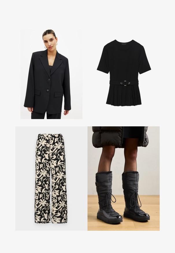 Black blazer with a structured design, single-button closure, notch lapels, and two front pockets. Smooth texture with a tailored fit.; Black short-sleeve top made of smooth material, featuring a peplum design and a belted waist with two round, silver-tone buttons.; Black wide-leg pants with a cream floral pattern. Made of lightweight fabric, featuring a smooth texture and a high waistband.; Knee-high black puffer boots with faux fur trim, shiny waterproof upper, textured sole, and adjustable lace detailing.