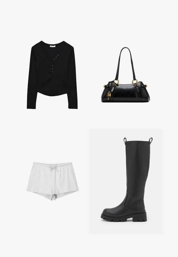 Schwarzer Blazer mit einem strukturierten Design, einknopfverschluß, Reverskragen und zwei aufgesetzten Taschen. Glatte Textur mit taillierter Passform.; Schwarzes langärmliges Oberteil aus geripptem Stoff. Hat einen V-Ausschnitt und sieben schwarze Knöpfe an der Vorderseite sowie einen leicht abgerundeten Saum.; Helle graue Baumwollshorts mit einem elastischen Bund und einer verstellbaren Kordel, glatter Textur und lockerer Passform. Die Shorts haben keine Taschen.; Schwarze kniehohe Stiefel aus glattem Leder mit einer dicken Sohle und leichtem Absatz. Verfügt über Ziehschlaufen und elastische Seitenpanels für ein einfaches Anziehen.; Schwarze Ledertasche mit glatter Textur, runder Form, goldenen Hardware-Akzenten und zwei Griffen. Mit einem dekorativen Schloss an der Seite.