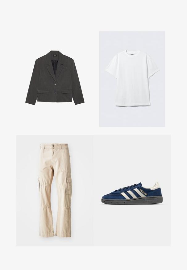 YOURTURN UNISEX - Sako - grey; Bílý tričko s krátkým rukávem vyrobené z měkké bavlny. Má kulatý výstřih a volný střih, s hladkou texturou a čistým, nezdobeným designem.; Beige cargo kalhoty vyrobené z odolného bavlněného materiálu, s více kapsami, rovnými nohavicemi a viditelnými švy.; Námořnické nubukové tenisky s bílými pruhy, zlatým detailem "Spezial", šedou texturovanou podrážkou, zaoblenou špičkou a odpovídajícími tkaničkami. Klasický design.