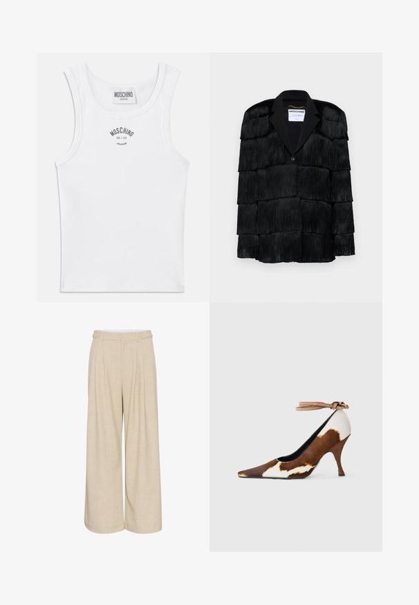 Juoda striukė su sluoksniuotais kutais, įpjovimu ant apykaklės ir vienu mygtuko uždarymu. Švelni tekstūra, struktūruotas dizainas.; Baltas ribotas maikutė su apvaliu iškirpimu ir plačiomis petnešomis. Ant krūtinės pilkai spaudintas "MOSCHINO JEANS" logotipas.; Šviesiai smėliniai plati klosčių kelnės iš tekstūruoto audinio, su aukštu liemeniu, priekyje su dviem sagomis ir dviem šoninėmis kišenėmis praktiškumui.; Ruda ir balta karvės rašo aukšti kulniukai su smailiu pirštu, tekstūruota paviršiumi ir kulkšnies dirželiu su šviesiai ruduoju užsegimu.