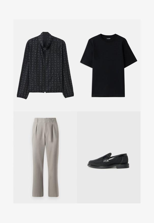 Chaqueta negra con un sutil patrón de logotipos y diamantes. Tejido liviano, cierre de cremallera, cuello alto y puños elásticos.; Camiseta de algodón negra con cuello redondo y mangas cortas. Presenta un sutil bordado del logo en el lado izquierdo del pecho. Textura plana y suave.; Pantalones grises a medida con una textura suave, que cuentan con pliegues frontales, pasadores para cinturón y perneras rectas. El material parece estructurado y ligero.; Zapato negro de tejido con un acento de cuero suave en la parte superior, diseño de punta redonda y suela de goma de perfil bajo.