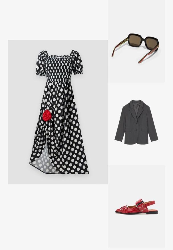 Grå blazer med snittlapler, to frontlommer og to knapper. Glatt stoff med et subtilt vevemønster, strukturert passform og lange ermer.; Sort kjole med svarte prikker, korte puffede ermer og smocket bodice. Har en rød stoffrose på venstre side. Flytende skjørt.; Rød patent slingback-sko med spiss tå, dekorative spenner og perforerte detaljer. Flat såle, glatt tekstur.; Svart oversized solbriller med brune linser. Utstyrt med unike stripete armer i grønt og rødt, samt gylne detaljer. Firkantet form.