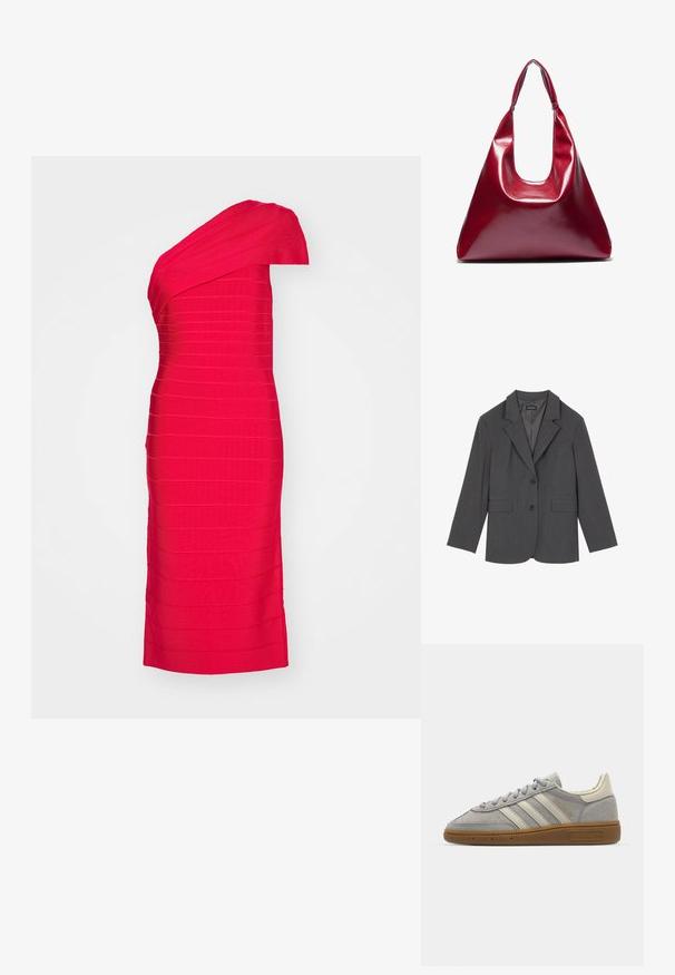 Pilkas švarkas su išlenktais apykakliais, dviem priekinėm kišenėm ir dviem mygtukais. Lygi medžiaga su subtiliu audinio raštu, struktūrizuotas fasonas ir ilgomis rankovėmis.; Raudonas vieno peties prigludęs suknelė, pagaminta iš tekstūruoto audinio, su horizontaliomis juostelėmis ir iki kelių siekiančiu dizainu. Lygi apdaila su struktūrizuota siluetu.; Pilki zomšiniai sportbačiai su šviesiai pilkomis odinėmis juostelėmis ir guminiu padu. Ypatybės: raištelių uždarymas ir subtilus prekės ženklo logotipas ant liežuvėlio.; Raudona blizganti odinė rankinė, turinti trikampio formą, plačią viršutinę angą ir vieną lenktą rankeną. Lygi tekstūra su minimaliu siuvimo detalėmis.