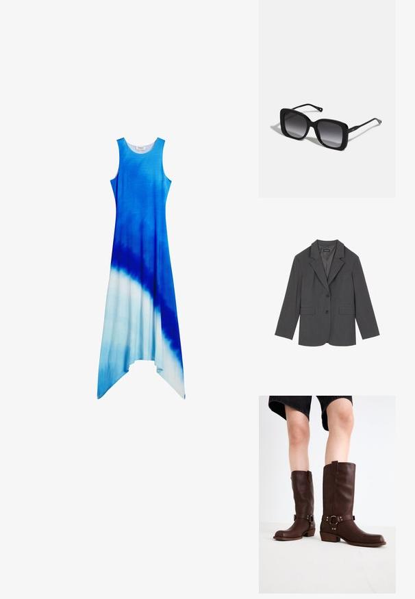 Szürke blézer, rugós hajtókákkal, két elülső zsebbel és két gombbal. Simább anyag finom szövési mintával, struktúrált fazon, hosszú ujjakkal.; Ujjatlan, bokáig érő ruha kék és fehér árnyalataiban, dip-dye hatással. Puha, áramló anyag, aszimmetrikus szegéllyel.; Barna bőr, térd feletti csizmák kerek orral, textúrázott felülettel, bokapánttal és ezüst hardware részletekkel; rétegezett sarokkal.; CHLOÉ Napszemüvegek - black