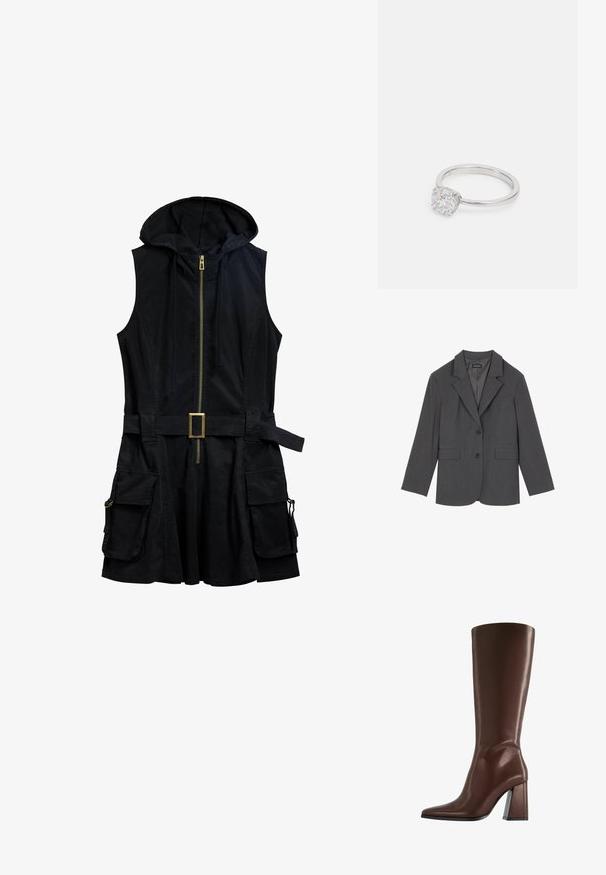 Grauer Blazer mit Reverskragen, zwei Fronttaschen und zwei Knöpfen. Glattes Material mit einem dezenten Webmuster, taillierte Passform und langen Ärmeln.; Schwarzes ärmelloses Kleid mit Kapuze, vorderem Reißverschluss und einem Gürtel. Verfügt über Seitentaschen mit Hardware-Details und einem lässigen Schnitt.; Brauner kniehoher Lederstiefel mit spitzer Zehe und klobigem mittelhohem Absatz, Seitenansicht vor weißem Hintergrund.; Silberring mit einem runden, klaren Stein, umgeben von kleinen Akzenten, mit einem glatten, polierten Band und einem klassischen Ringdesign.