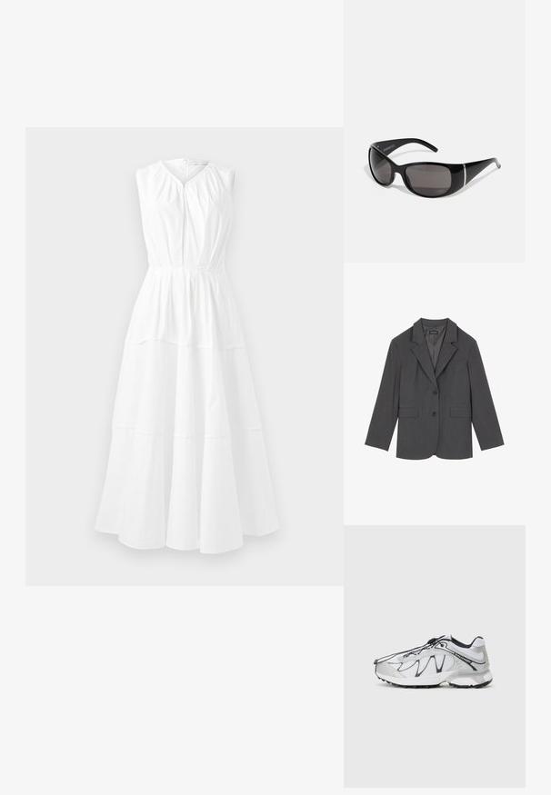 Szürke blézer, rugós hajtókákkal, két elülső zsebbel és két gombbal. Simább anyag finom szövési mintával, struktúrált fazon, hosszú ujjakkal.; Fehér ujjatlan ruha kerek nyakkivágással, ráncolt felsőrészsel és réteges A-vonalú szoknyával, sima, könnyű anyagból.; Fehér sportcipők hálós felsőrésszel, fekete akcentusokkal, textúrált gumitalppal és elasztikus fűzőrendszerrel. Könnyű, modern dizájnnal.; Fekete napszemüveg fényes műanyag kerettel, átmeneti szürke lencsékkel és ezüstszínű díszítéssel az oldalán. Nyúlánk, ívelt dizájn.; Barna bőr bevásárlótáska puha textúrával, tágas kialakítással és egyetlen pánttal. Egy kék farmerdzsekihez viselve.