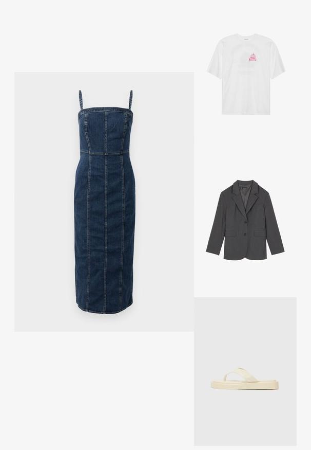 Szary żakiet z klapami, dwoma przednimi kieszeniami i dwoma guzikami. Gładki materiał z delikatnym wzorem tkanym, dopasowany krój i długie rękawy.; Sukienka midi bez rękawów z ciemnoniebieskiego dżinsu, z dopasowanym gorsetem i pionowymi przeszyciami.; Biała bawełniana koszulka z krótkim rękawem, z luźnym krojem, z centralnym motywem różowego babeczka z wisienką na górze.; Płaskie klapki w jasnym żółtym kolorze. Wykonane z gładkiej gumy z dwoma ukośnymi paskami i grubą podeszwą dla komfortu i trwałości.