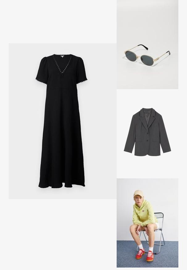 Grauer Blazer mit Reverskragen, zwei Fronttaschen und zwei Knöpfen. Glattes Material mit einem dezenten Webmuster, taillierte Passform und langen Ärmeln.; Schwarzes Maxikleid mit V-Ausschnitt und kurzen Puffärmeln. Verfügt über einen strukturierten Stoff, Spitzeneinsätze entlang des Ausschnitts und eine fließende Silhouette.; Rotes ärmelloses Oberteil mit drapiertem Ausschnitt, asymmetrischem Saum und Bindegürtel an der Taille. Hergestellt aus einem leichten, durchsichtigen Stoff.; Helle grüne Kapuzenjacke mit Logo, weiße Shorts, rote Sneakers mit weißen Streifen, sitzend auf einem verchromten Klappstuhl vor einem neutralen Hintergrund.; Goldfarbene Metallsonnenschutzbrille mit ovalen Gläsern und dunkeltönenden Linsen. Schwarze Acetatspitzen an den Bügeln. Markenname "QUAY" an der Seite.; Schwarze Lederhandtasche mit geschwungenem Design, Beschlägen in Goldfarbe und einem oberen Griff. Verfügt über einen eleganten Verschluss und eine glatte Textur.