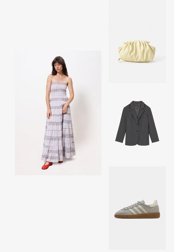 Grauer Blazer mit Reverskragen, zwei Fronttaschen und zwei Knöpfen. Glattes Material mit einem dezenten Webmuster, taillierte Passform und langen Ärmeln.; Trägerloses Maxikleid in einem blau-rosa karierten Muster mit gestuften Rüschen am Saum. Getragen mit roten Ballerinas.; Graue Wildledersneaker mit hellgrauen Lederstreifen und einer Sohle aus Gummi. Zu den Merkmalen gehören eine Schnürung und dezente Markenkennzeichnung auf der Zunge.; Gelbe, gefaltete Handtasche aus glattem Kunstleder mit weicher Form, einzigem Schulterriemen und gerafftem Oberteil.