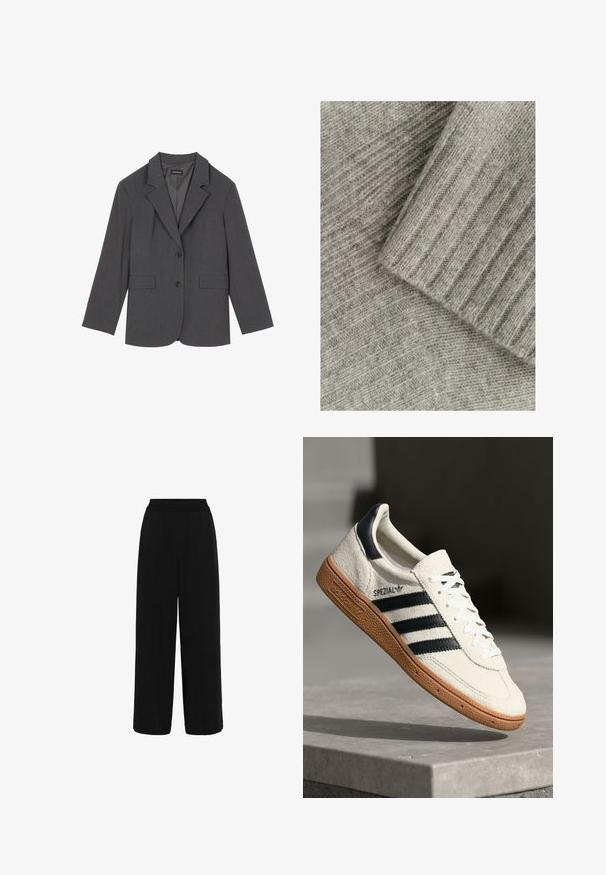 Siv blazer z oštrim reverjem, dvema sprednjima žepoma in dvema gumboma. Gladka tkanina z subtilnim vzorcem, strukturirana oblika in dolgi rokavi.; Mehakava pletenina v sivi barvi z rebrastim teksturo, ki vsebuje plastične dele, enega gladkega in drugega z diagonalo vzorcem.; Črne široke hlače z elastičnim pasom, narejene iz mehkega materiala, z gladko teksturo in preprostim, brez okrasnim dizajnom.; Bela nubuk superga s športnimi trakovi v temno modri barvi, gumijastim podplatom, strukturirano zgornjo plastjo, okroglim nosom in vezalkami; vsebuje blagovno znamko na strani in jeziku.