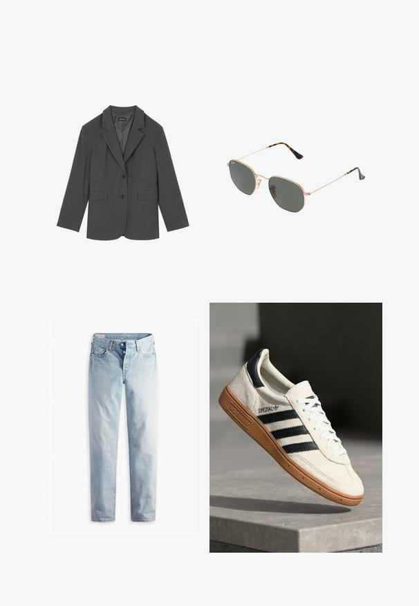 Szürke blézer, rugós hajtókákkal, két elülső zsebbel és két gombbal. Simább anyag finom szövési mintával, struktúrált fazon, hosszú ujjakkal.; Szürke pulóver kerek nyakkivágással, hosszú ujjakkal és bordázott mandzsettával. Az anyag puhanak tűnik, világos textúrájú és enyhén laza szabású.; Világoskék farmernadrág, egyenes szárú fazonnal, két elülső és két hátsó zsebbel. Két gombos zipzárral és diszkrét varrással rendelkezik.; Fehér velúr sneaker tengerészkék csíkokkal, gumitalppal, textúrált felső résszel, kerek orral és fűzős kialakítással; a cipő oldalán és a nyelvén logó található.; Arany fémkeretes napszemüveg sötétzöld lencsékkel, pilóta stílusban, vékony karokkal és teknősbékás díszítéssel a végeken.; Suede barna válltáska ívelt formával, eltérő varrással, aranyszínű fémrészekkel és cipzáras elülső zsebbel.