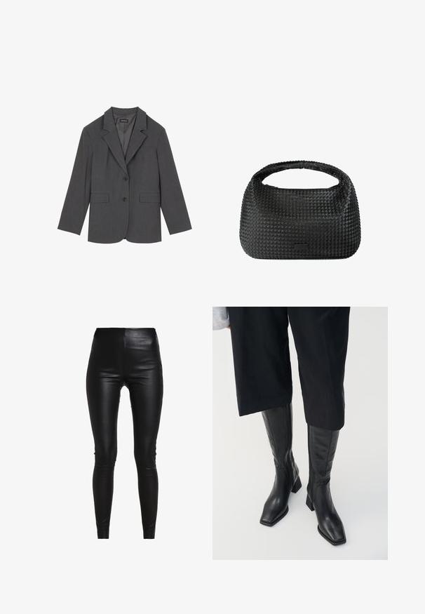 Pilkas švarkas su išlenktais apykakliais, dviem priekinėm kišenėm ir dviem mygtukais. Lygi medžiaga su subtiliu audinio raštu, struktūrizuotas fasonas ir ilgomis rankovėmis.; Pilkas pūkinis megztinis iš minkštos, tekstūrinių siūlų. Su juostuotais rankogaliais ir apatine dalimi, suteikiantis laisvą, dėvėtą stilių patogumui ir šilumai.; Juodos dirbtinės odos leginsai su aukštu liemeniu, priglundančio dizaino, lygios tekstūros ir be matomų siūlių ar papuošimų.; Juodos odinės iki kelio pasiekiantys batai su kvadratiniu pirštu ir stačiu kulnu. Yra šoninis užtrauktukas ir lygi tekstūra.; Juoda audinė rankinė apvalia forma, tekstūruota paviršiumi ir viena viršutinė rankena. Pasižymi stilingu, minimalistišku dizainu be matomų detalių.