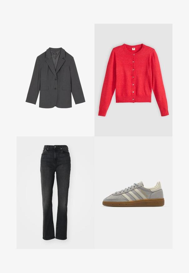 Sivi sako s oštrim reverima, dva prednja džepa i dva dugmeta. Glatka tkanina s suptilnim uzorkom, strukturirani kroj i dugi rukavi.; Crvena cardigan od mekane tkanine s okruglim izrezom, dugim rukavima i kopčanjem sprijeda. Ima usklađene gumbe.; Siva peplum gornji dio s čvrstim dizajnom bez rukava. Izrađen od glatkog materijala, s vertikalnim šavovima i ravnim dekolteom.; Crne traperice visokog struka s ravnim nogavicama, dizajn s pet džepova, prednje kopčanje na dugme i minimalni detalji šivanja.; Sive suede tenisice s svijetlosivim kožnim prugama i gumiranim potplatom. Značajke uključuju vezanje na vezice i suptilno brendiranje na jeziku.