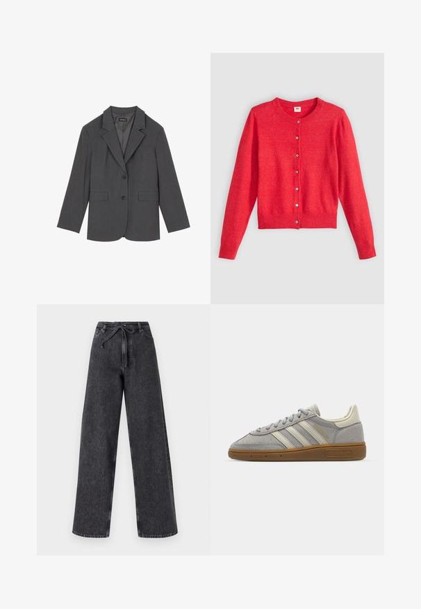 Harmaan takin, jossa on taitetut kaulukset, kaksi etutaskua ja kaksi nappia. Silkkinen kangas, jossa on hienovarainen kudontamalli, jämäkkä istuvuus ja pitkät hihat.; Punainen neuletakki, joka on valmistettu pehmeästä kankaasta, pyöreällä pääntiellä, pitkillä hihoilla ja napitetulla edellä. Varustettu yhteensopivilla napeilla.; Harmaa peplum-toppi, jossa on jäsennelty, hihaton muotoilu. Valmistettu sileästä kankaasta, jossa on pystysaumat ja suora kaula-aukko.; Mustat farkut, joissa on korkea vyötärö ja leveät lahkeet, joissa on kiristettävä nauha. Ominaisuuksina haalistunut pinta ja hienovaraiset ompelu yksityiskohdat.; Harmaat mokka-tennarit, joissa on vaaleanharmaat nahkaviivat ja kumipohja. Ominaisuuksiin kuuluvat nauhakiinnitys ja huomaamaton brändäys kielen kohdalla.