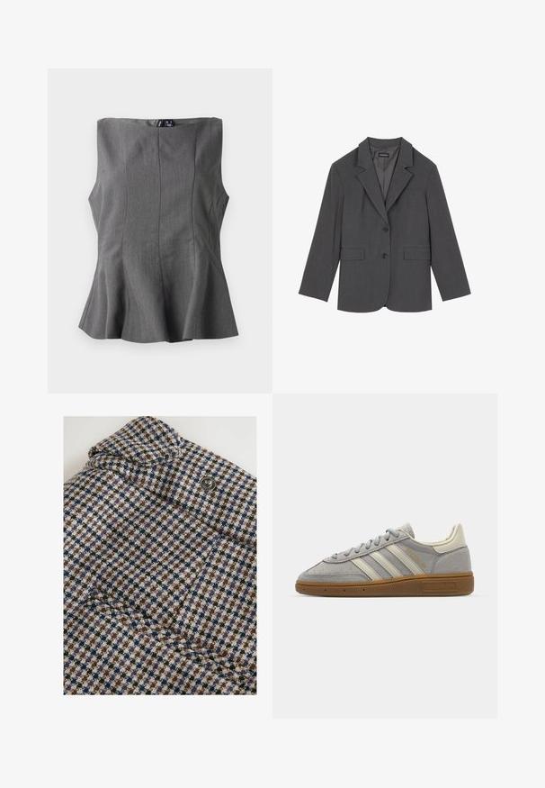 Siv blazer z oštrim reverjem, dvema sprednjima žepoma in dvema gumboma. Gladka tkanina z subtilnim vzorcem, strukturirana oblika in dolgi rokavi.; Rdeča jopica iz mehke tkanine z okroglim izrezom, dolgimi rokavi in zapenjanjem z gumbi spredaj. Ima usklajene gumbe.; Sivina peplum majica s strukturiranim, bezrukavnim dizajnom. Izrađena od glatkog materijala, s vertikalnim šavovima i ravnim dekolteom.; Next REGULAR FIT - CHECK BARREL TAILORED - Hlače - brown; Sive športne copate iz semiša z svetlosivimi usnjenimi črtami in gumijastim podplatom. Značilnosti vključujejo vezalni sistem in subtilno blagovno oznako na jezičku.