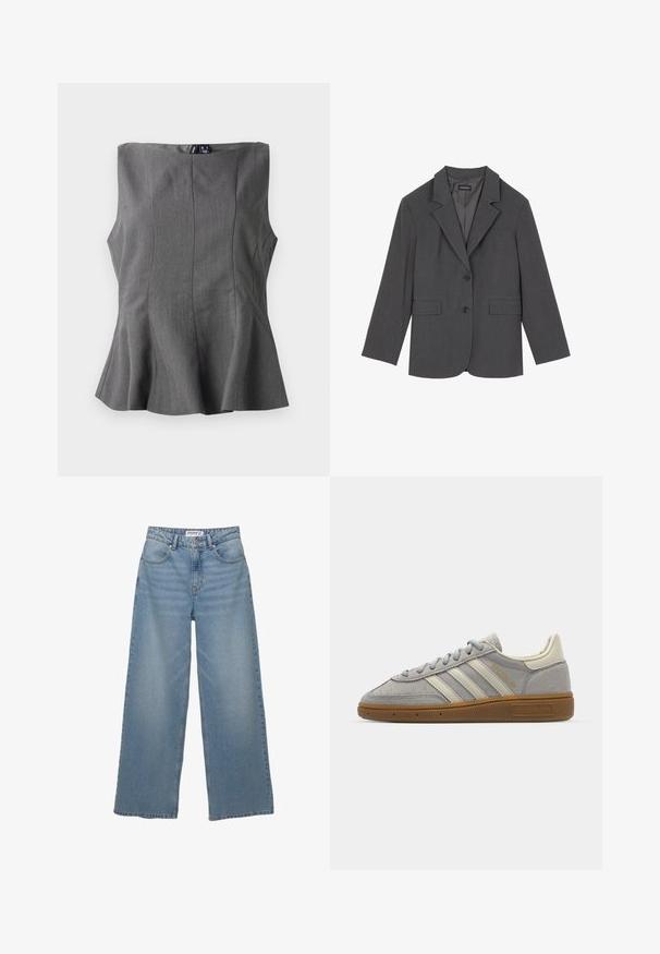 Sivi sako s oštrim reverima, dva prednja džepa i dva dugmeta. Glatka tkanina s suptilnim uzorkom, strukturirani kroj i dugi rukavi.; Crvena cardigan od mekane tkanine s okruglim izrezom, dugim rukavima i kopčanjem sprijeda. Ima usklađene gumbe.; Siva peplum gornji dio s čvrstim dizajnom bez rukava. Izrađen od glatkog materijala, s vertikalnim šavovima i ravnim dekolteom.; Svijetloplave traperice širokih nogavica izrađene od denima. Imaju visoki struk, pet džepova i ravne nogavice s minimalnim izbljeđenjem.; Sive suede tenisice s svijetlosivim kožnim prugama i gumiranim potplatom. Značajke uključuju vezanje na vezice i suptilno brendiranje na jeziku.