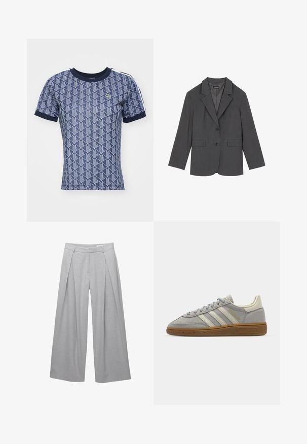 Sivý blejzer s vykrojenými klopami, dvoma prednými vreckami a dvoma gombíkmi. Hladká tkanina s jemným tkaným vzorom, štruktúrovaný strih a dlhé rukávy.; Červený cardigan vyrobený z jemnej látky, s okrúhlym výstrihom, dlhými rukávmi a zapínaním na gombíky. Obsahuje zladené gombíky.; Námornícka modrá tričko s krátkym rukávom s geometrickým bielym vzorom, ribovaný námornícky golier a kontrastné bočné pásy. Obsahuje malé logo.; Svetlošedé nohavice s širokými nohavicami, vyrobené z textúrovanej tkaniny, s prednými záhybmi, pútkami na opasok a prispôsobeným pásom. Bez viditeľných uzáverov.; Šedé semišové tenisky s svetlosivými koženými pruhmi a gumovou podrážkou. Medzi vlastnosti patrí šnurovanie a jemné logo na jazyku.