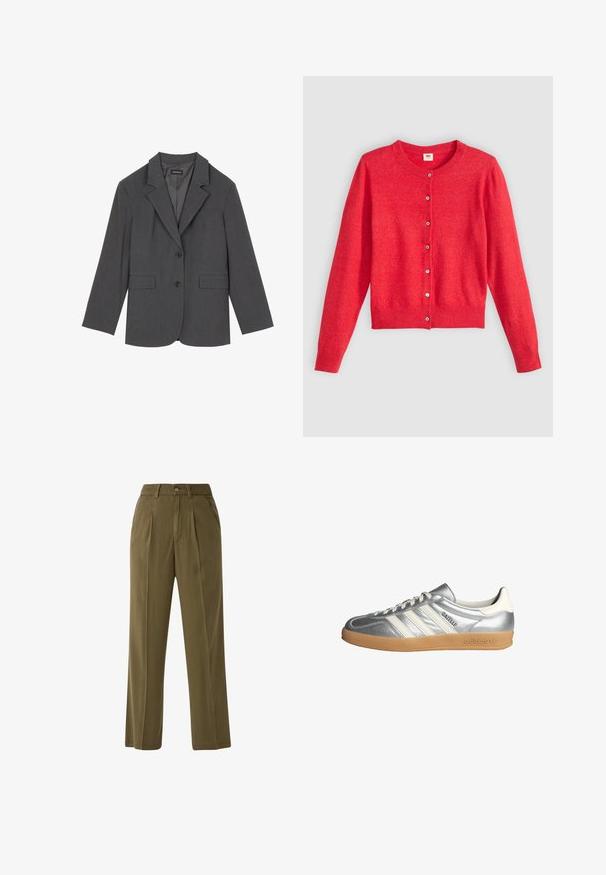 Szary żakiet z klapami, dwoma przednimi kieszeniami i dwoma guzikami. Gładki materiał z delikatnym wzorem tkanym, dopasowany krój i długie rękawy.; Czerwony kardigan wykonany z miękkiego materiału z okrągłym dekoltem, długimi rękawami i zapinanymi na guziki. Posiada dopasowane guziki.; s.Oliver Jeansy Relaxed Fit; Srebrne sneakersy z białymi akcentami, z trzema paskami, zaokrąglonym noskiem i gumową podeszwą. Teksturowany metaliczny materiał.