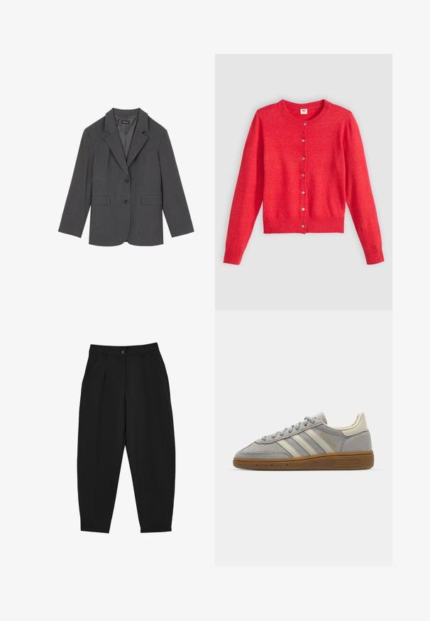 Grauer Blazer mit Reverskragen, zwei Fronttaschen und zwei Knöpfen. Glattes Material mit einem dezenten Webmuster, taillierte Passform und langen Ärmeln.; Rote Strickjacke aus weichem Stoff mit Rundhalsausschnitt, langen Ärmeln und durchgehender Knopfleiste. Verfügt über passende Knöpfe.; Schwarze, schmal zulaufende Hose mit glatter Textur, die über vordere Falten, Seitentaschen und einen Knopfverschluss an der Taille verfügt.; Graue Wildledersneaker mit hellgrauen Lederstreifen und einer Sohle aus Gummi. Zu den Merkmalen gehören eine Schnürung und dezente Markenkennzeichnung auf der Zunge.