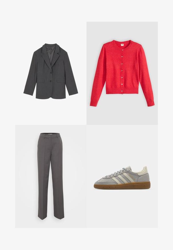Grauer Blazer mit Reverskragen, zwei Fronttaschen und zwei Knöpfen. Glattes Material mit einem dezenten Webmuster, taillierte Passform und langen Ärmeln.; Rote Strickjacke aus weichem Stoff mit Rundhalsausschnitt, langen Ärmeln und durchgehender Knopfleiste. Verfügt über passende Knöpfe.; Graham tailorierte Hosen mit geradem Bein, Gürtelschlaufen und einer glatten Stoffoberfläche. Keine sichtbaren Muster oder Verzierungen.; Graue Wildledersneaker mit hellgrauen Lederstreifen und einer Sohle aus Gummi. Zu den Merkmalen gehören eine Schnürung und dezente Markenkennzeichnung auf der Zunge.