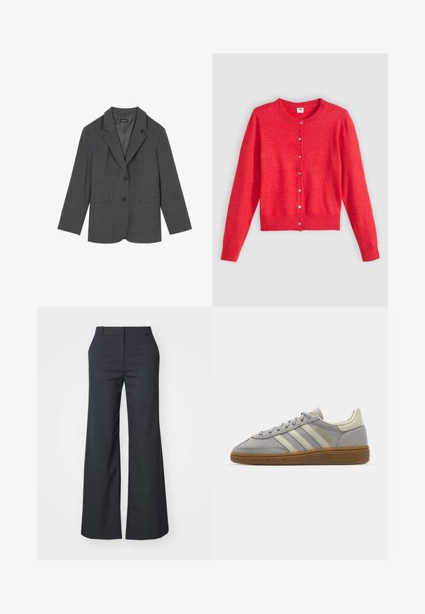 Blazer grigio con rever a punta, due tasche frontali e due bottoni. Tessuto liscio con un delicato motivo a trama, vestibilità strutturata e maniche lunghe.; Cardigan rosso realizzato in tessuto morbido con scollatura rotonda, maniche lunghe e chiusura frontale con bottoni. Presenta bottoni abbinati.; Weekday EMILY SUITING - Pantaloni - dark grey melange; Sneakers in suede grigio con strisce in pelle grigia chiara e suola in gomma color gomma. Le caratteristiche includono chiusura con lacci e branding sottile sulla linguetta.