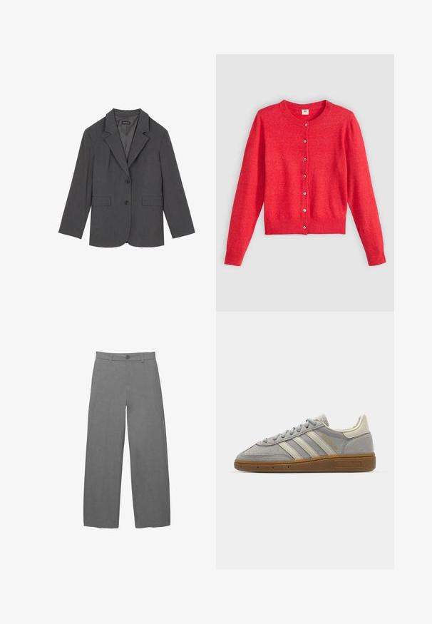 Grauer Blazer mit Reverskragen, zwei Fronttaschen und zwei Knöpfen. Glattes Material mit einem dezenten Webmuster, taillierte Passform und langen Ärmeln.; Rote Strickjacke aus weichem Stoff mit Rundhalsausschnitt, langen Ärmeln und durchgehender Knopfleiste. Verfügt über passende Knöpfe.; Hellgraue Hosen mit weitem Bein aus einem glatten, strukturierten Stoff, mit einer vorderen Knopfverschlussleiste und Gürtelschlaufen an der Taille.; Graue Wildledersneaker mit hellgrauen Lederstreifen und einer Sohle aus Gummi. Zu den Merkmalen gehören eine Schnürung und dezente Markenkennzeichnung auf der Zunge.