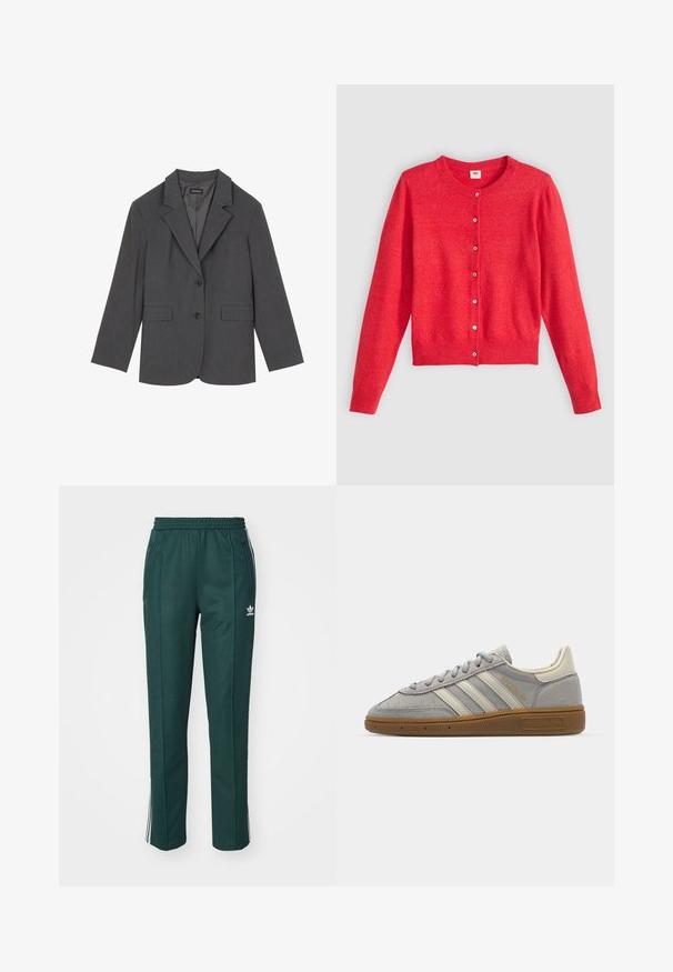 Blazer cinza com lapelas em bico, dois bolsos frontais e dois botões. Tecido suave com um padrão de trama subtil, corte estruturado e mangas longas.; Cardigã vermelho feito de tecido macio, com gola redonda, mangas longas e fecho frontal com botões. Apresenta botões a condizer.; adidas Originals BECKENBAUER TP - Calças de fato de treino - mineral green; Ténis de camurça cinza com riscas de pele cinza claro e sola de borracha de goma. As características incluem fecho com cordões e uma marcação discreta na língua.