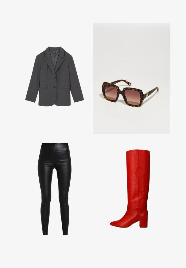 Grijze blazer met geplooide revers, twee voorzakken en twee knopen. Gladde stof met een subtiel geweven patroon, gestructureerde pasvorm en lange mouwen.; Grijze gebreide coltrui met een ontspannen pasvorm, geribbelde mouwen en onderkant, en een gevarieerde structuur. De achterkant is eenvoudig zonder verdere details.; Rode mouwloze top met een gedrapeerde halslijn, asymmetrische zoom en strikdetail bij de taille. Gemaakt van een lichtgewicht, doorschijnende stof.; Zwarte nepleer leggings met een hoge taille, een figuurvolgend ontwerp, een gladde textuur en geen zichtbare naden of versieringen.; Rode leren kniehoge laars met een puntige neus en een chunky blokhak, met een gladde textuur en een strak, modern ontwerp.; CHLOÉ Zonnebril - havana/red; Zwarte leren handtas met een gebogen ontwerp, goudkleurige accenten en een bovenhandvat. Heeft een strakke sluiting en een gladde textuur.